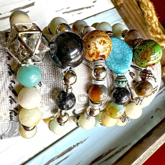 Chunky Rainbow Amazonite and Turquoise beaded bracelet/ maximalist - Picture 3 of 10